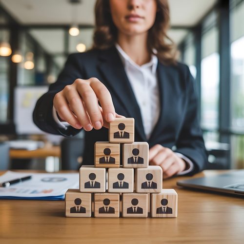 Corporate Leadership and Team Hierarchy Concept with Wooden Blocks, Businesswoman Hand Building Organization Structure, HR Recruitment Strategy